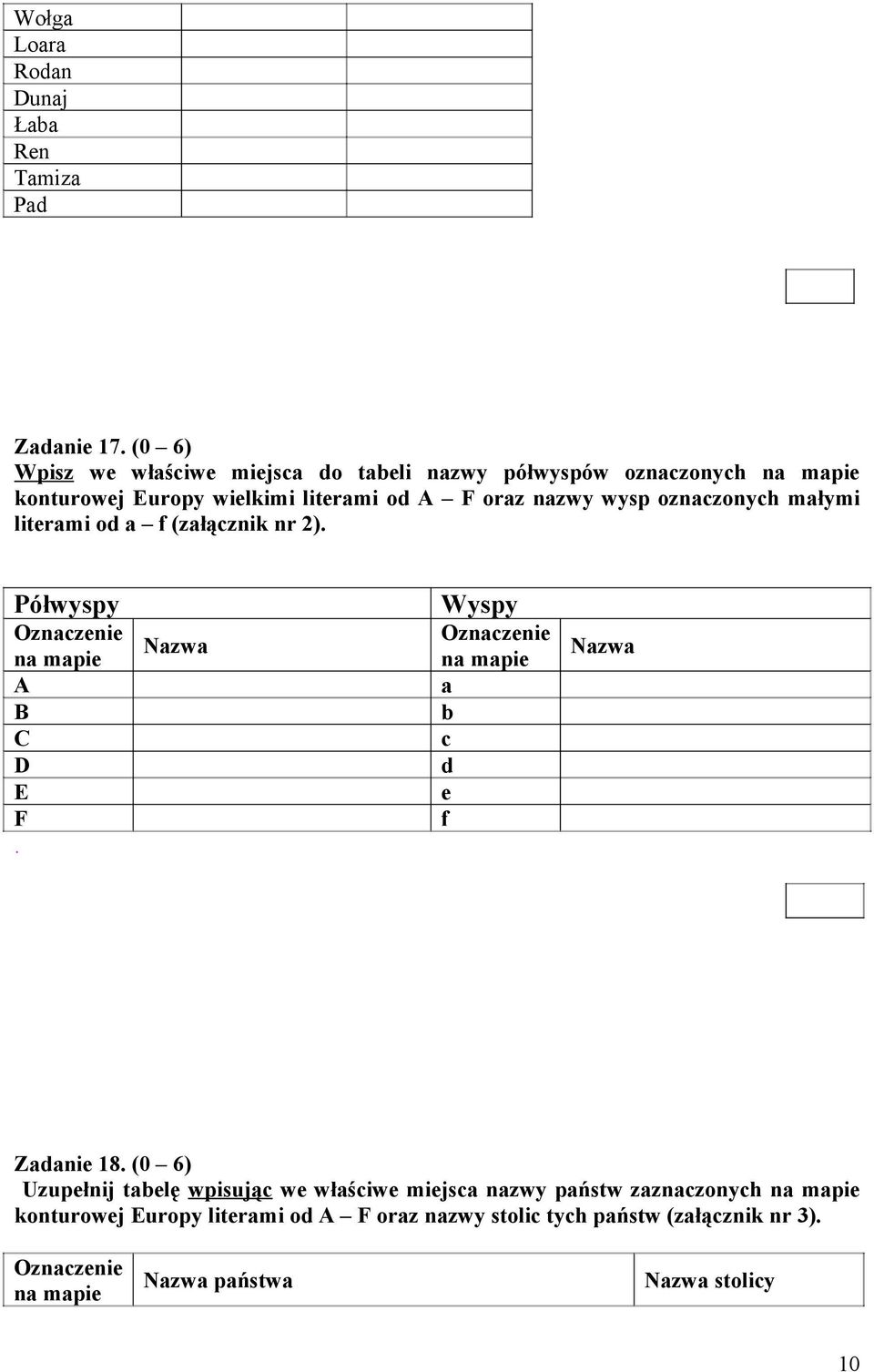 oznaczonych małymi literami od a f (załącznik nr 2). Półwyspy Wyspy Oznaczenie Nazwa na mapie A B C D E F.