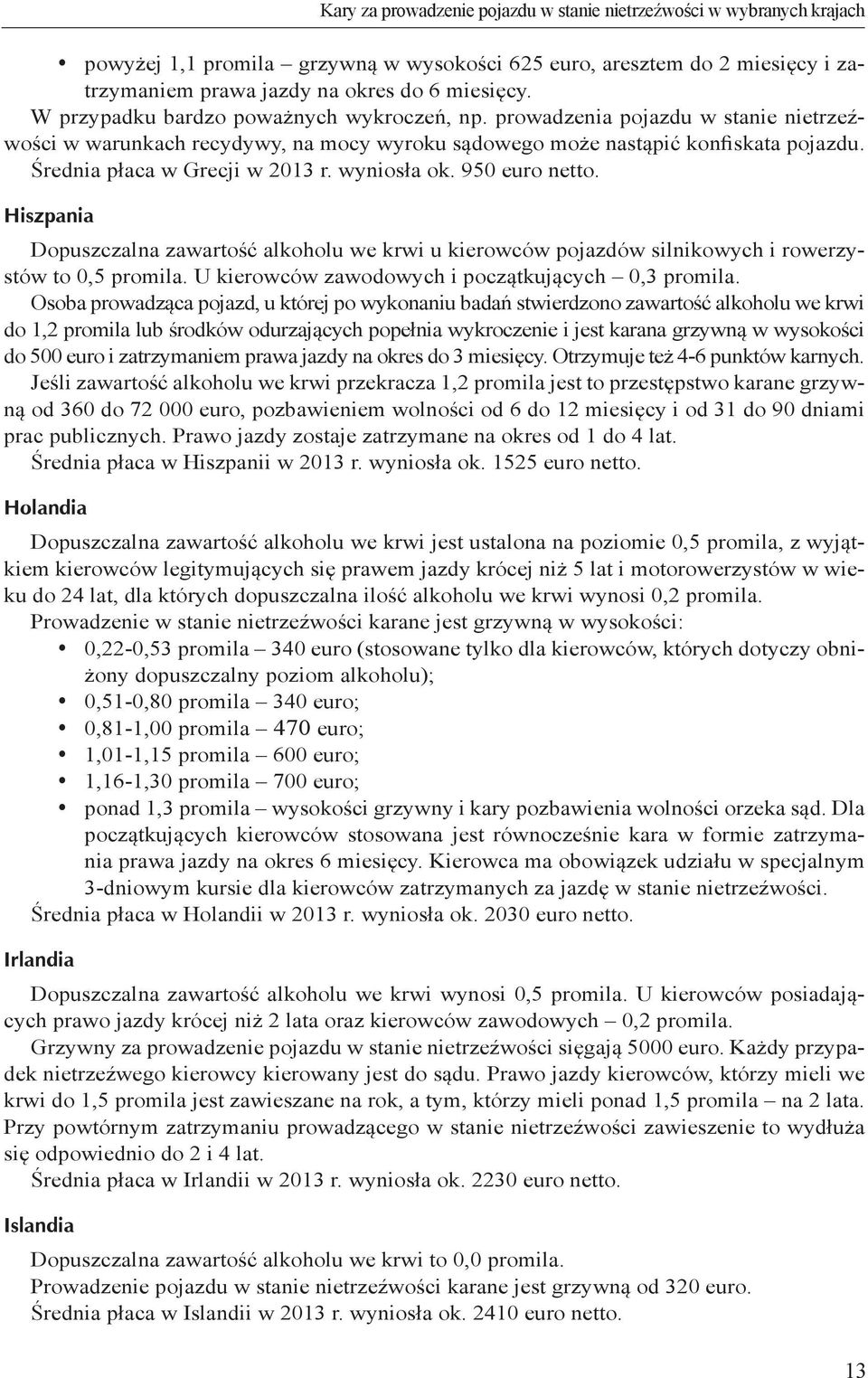 wyniosła ok. 950 euro netto. Hiszpania Dopuszczalna zawartość alkoholu we krwi u kierowców pojazdów silnikowych i rowerzystów to 0,5 promila. U kierowców zawodowych i początkujących 0,3 promila.