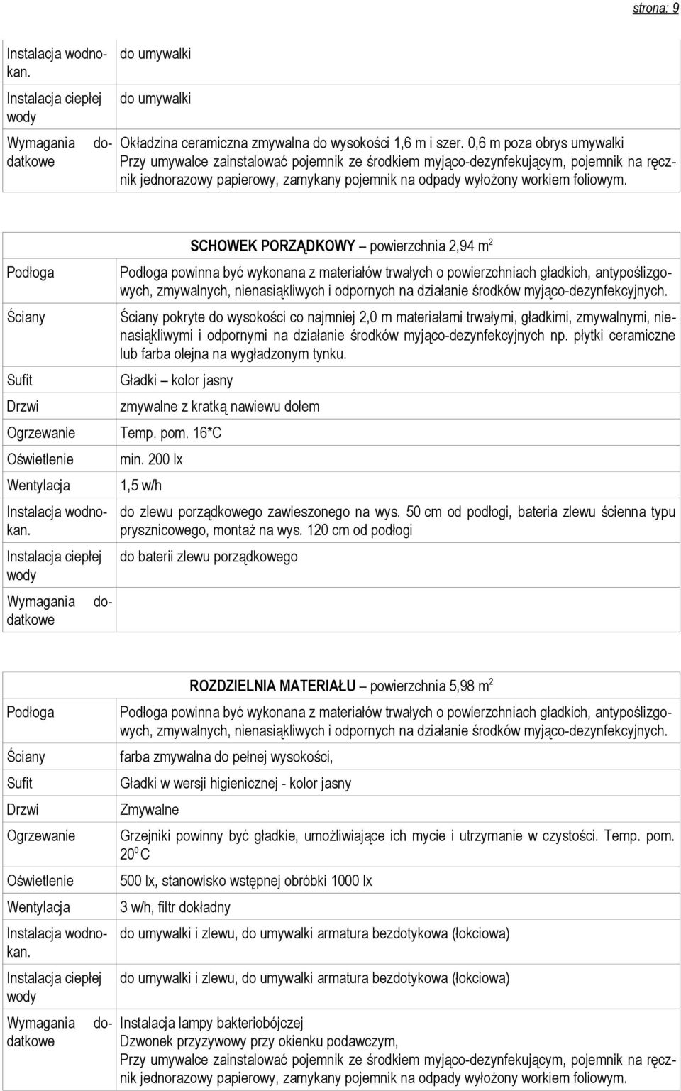 SCHOWEK PORZĄDKOWY powierzchnia 2,94 m 2 pokryte do wysokości co najmniej 2,0 m materiałami trwałymi, gładkimi, zmywalnymi, nienasiąkliwymi i odpornymi na działanie środków myjąco-dezynfekcyjnych np.