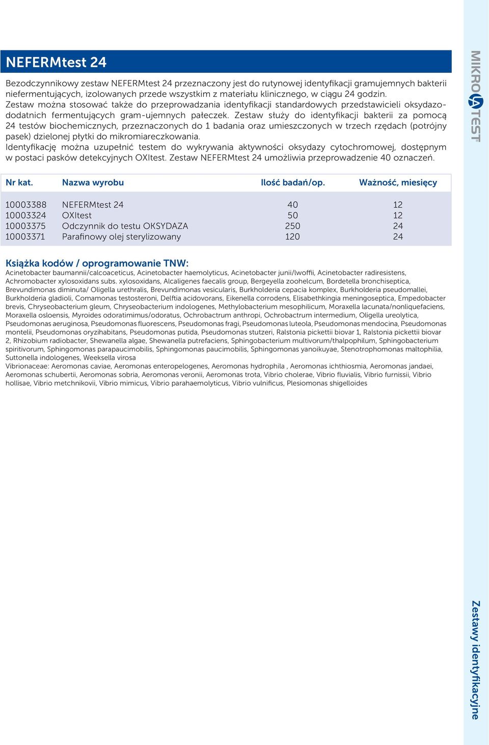 Zestaw służy do identyfikacji bakterii za pomocą 24 testów biochemicznych, przeznaczonych do 1 badania oraz umieszczonych w trzech rzędach (potrójny pasek) dzielonej płytki do mikromiareczkowania.
