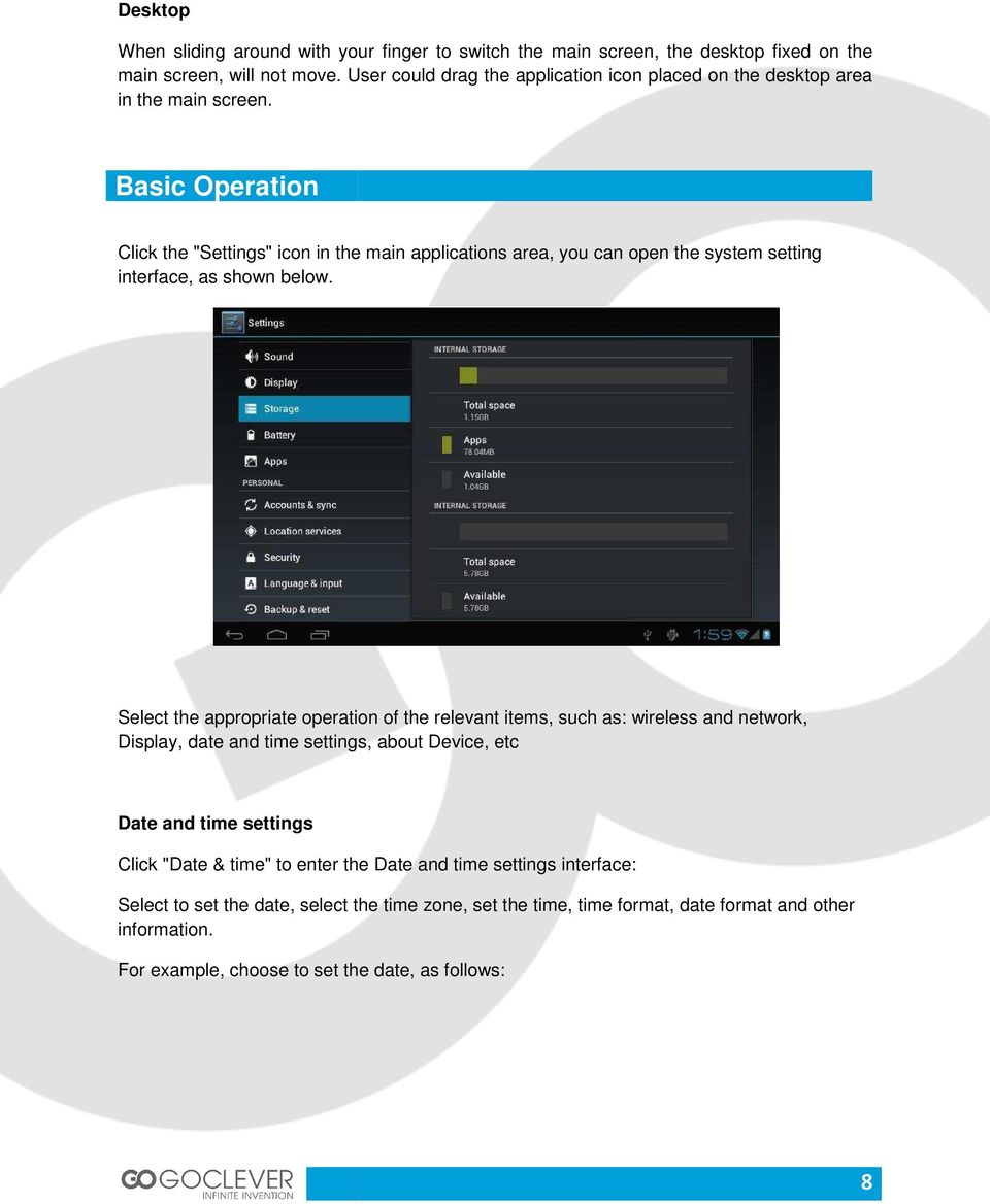 Basic Operation Click the "Settings" icon in the main applications area, you can open the system setting interface, as shown below.