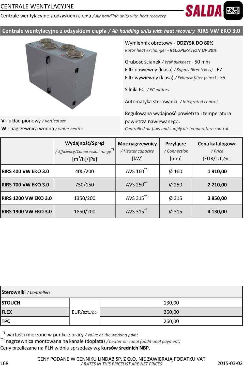 0 400/200 AVS 160 **) Ø 160 1 910,00 RIRS 700 VW EKO 3.0 750/150 AVS 250 **) Ø 250 2 210,00 RIRS 1200 VW EKO 3.