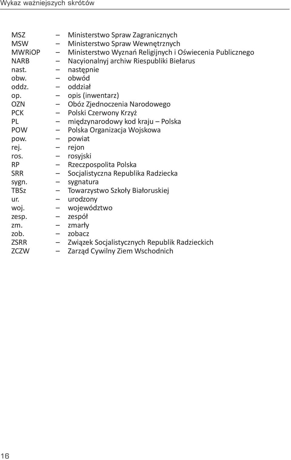 opis (inwentarz) OZN Obóz Zjednoczenia Narodowego PCK Polski Czerwony Krzyż PL międzynarodowy kod kraju Polska POW Polska Organizacja Wojskowa pow. powiat rej. rejon ros.