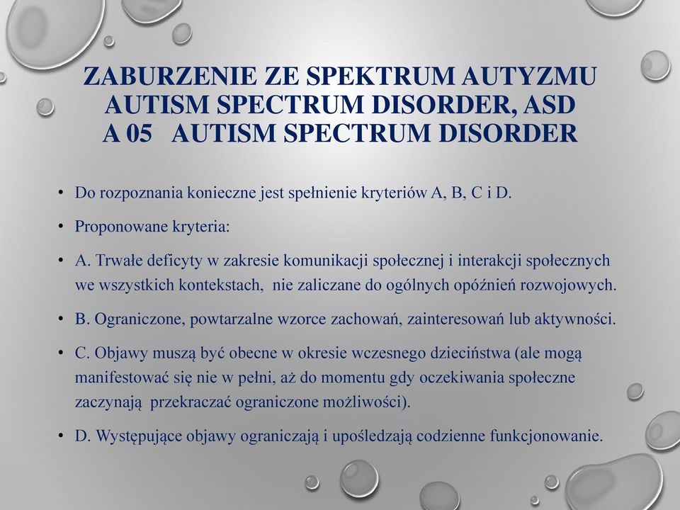 Trwałe deficyty w zakresie komunikacji społecznej i interakcji społecznych we wszystkich kontekstach, nie zaliczane do ogólnych opóźnień rozwojowych. B.