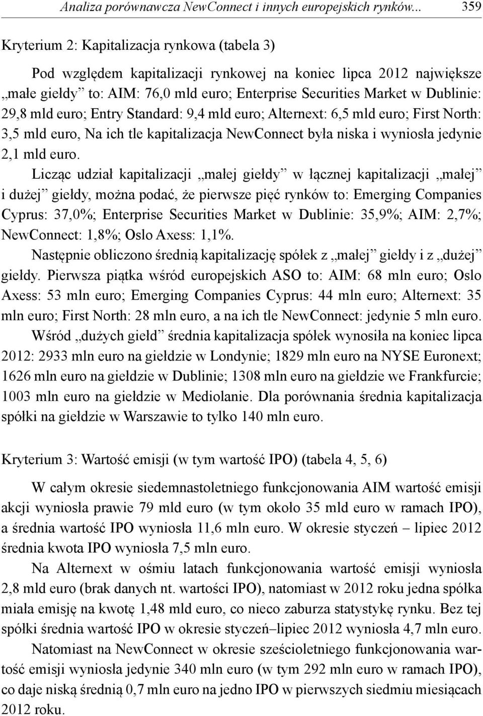 29,8 mld euro; Entry Standard: 9,4 mld euro; Alternext: 6,5 mld euro; First North: 3,5 mld euro, Na ich tle kapitalizacja NewConnect była niska i wyniosła jedynie 2,1 mld euro.