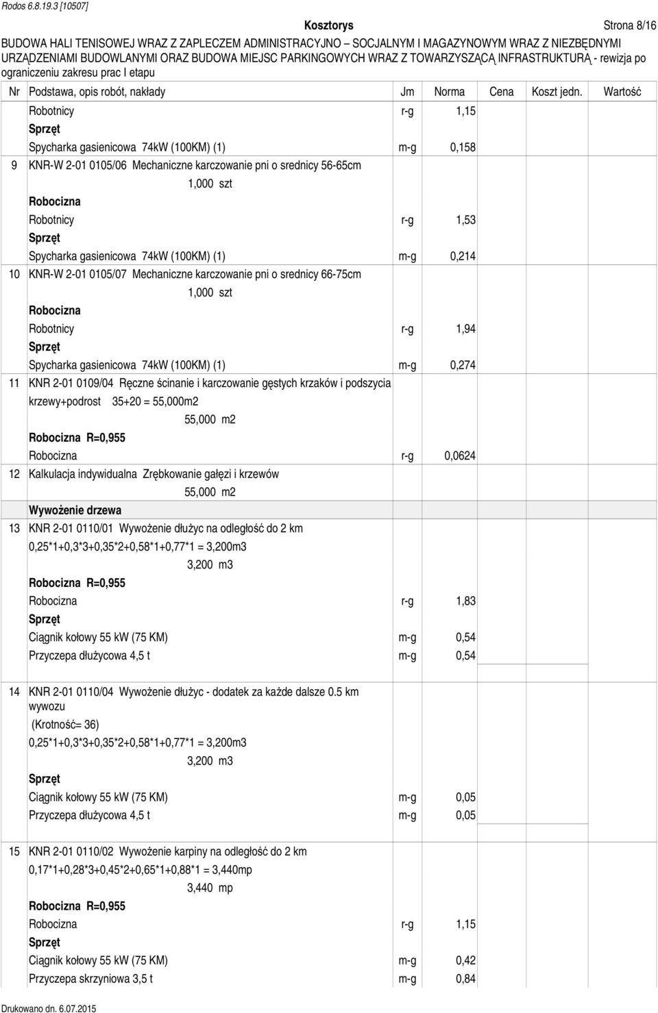 (100KM) (1) m-g 0,214 10 KNR-W 2-01 0105/07 Mechaniczne karczowanie pni o srednicy 66-75cm 1,000 szt Robotnicy r-g 1,94 Spycharka gasienicowa 74kW (100KM) (1) m-g 0,274 11 KNR 2-01 0109/04 Ręczne