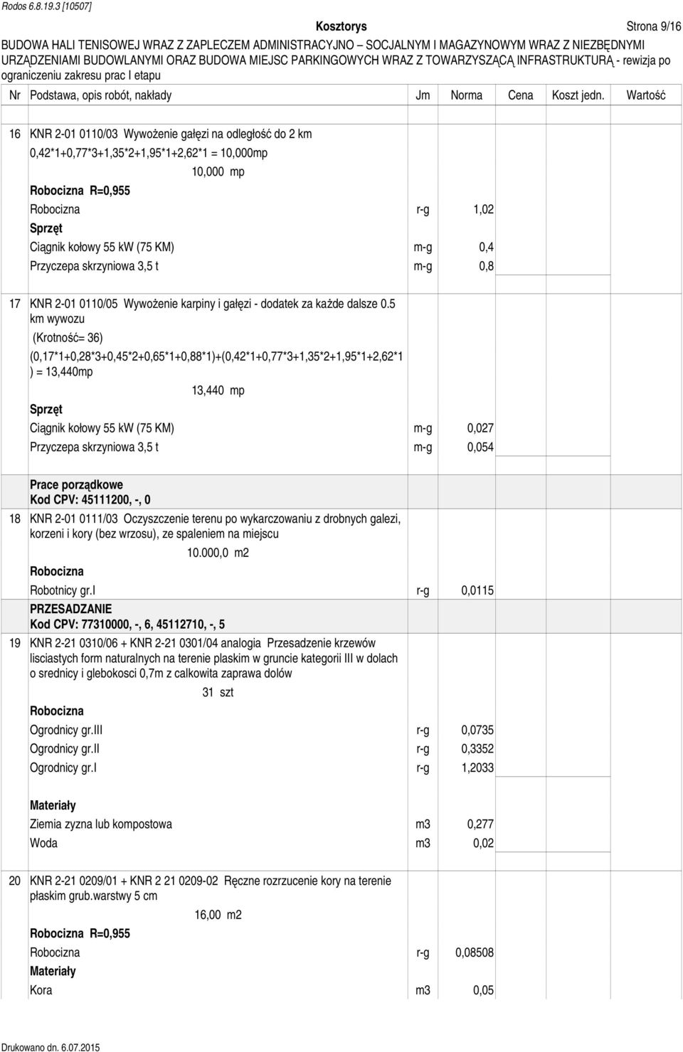 3,5 t m-g 0,8 17 KNR 2-01 0110/05 Wywożenie karpiny i gałęzi - dodatek za każde dalsze 0.