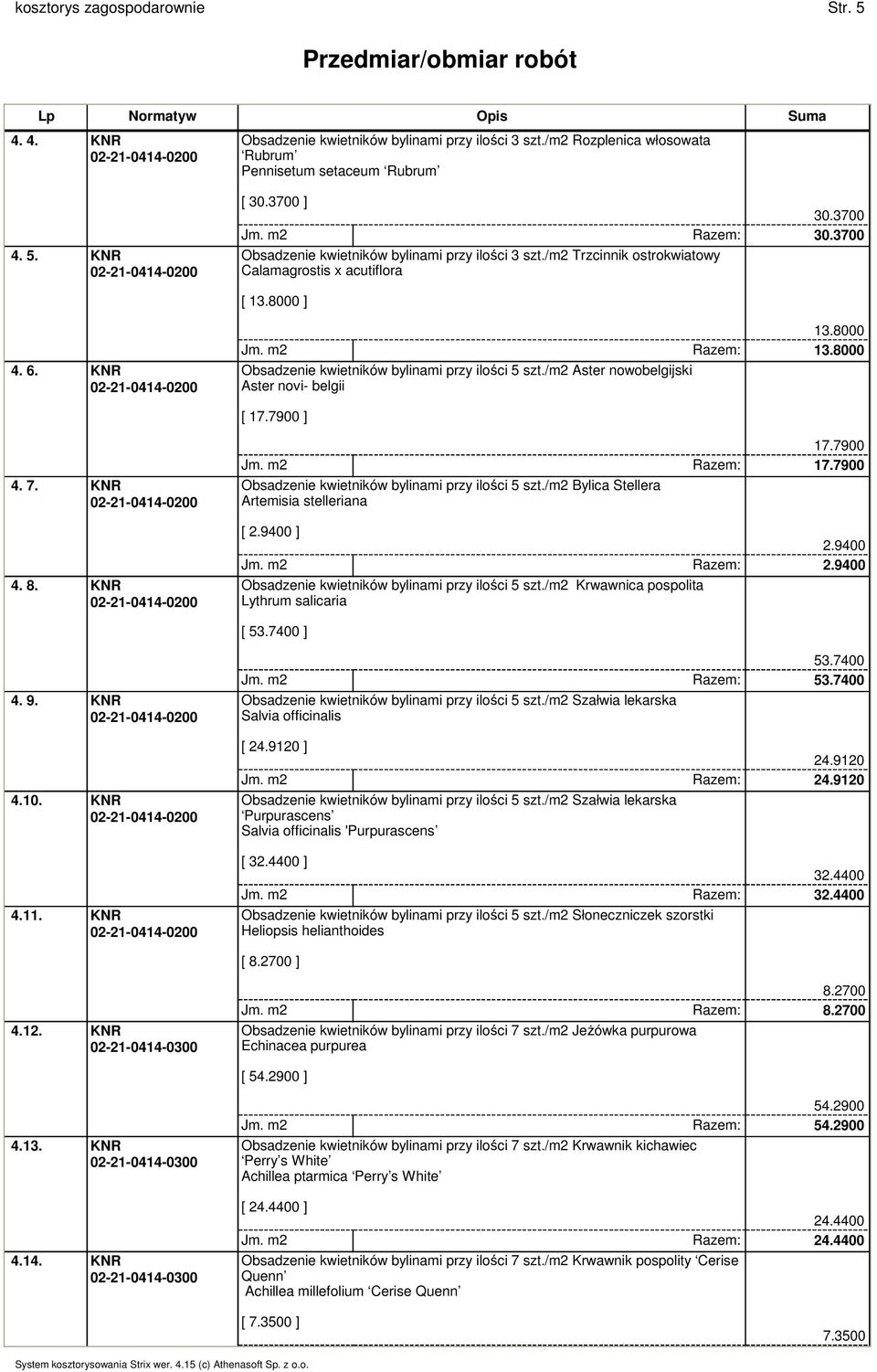 8000 Obsadzenie kwietników bylinami przy ilości 5 szt./m2 Aster nowobelgijski Aster novi- belgii [ 17.7900 ] 4. 7. KNR 4. 8. KNR 17.7900 Jm. m2 Razem: 17.