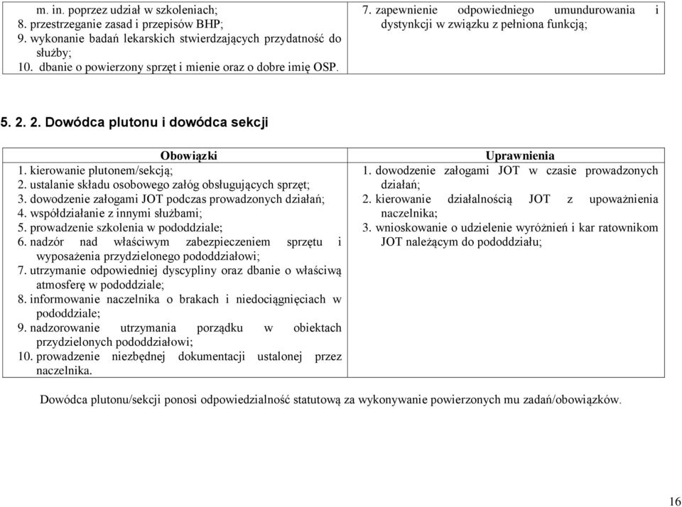 kierowanie plutonem/sekcją; 2. ustalanie składu osobowego załóg obsługujących sprzęt; 3. dowodzenie załogami JOT podczas prowadzonych działań; 4. współdziałanie z innymi służbami; 5.