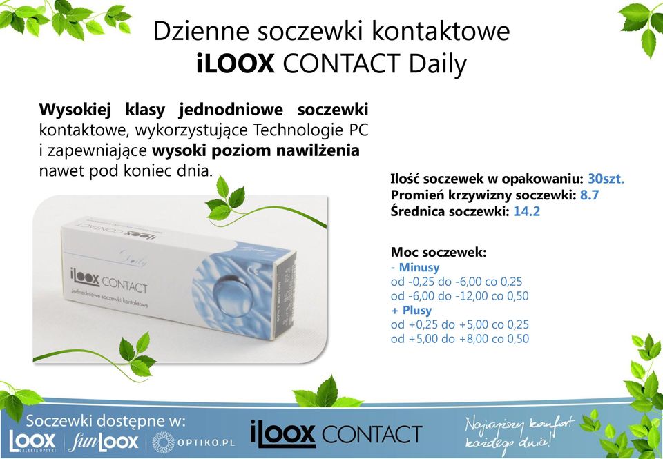 Ilość soczewek w opakowaniu: 30szt. Promień krzywizny soczewki: 8.7 Średnica soczewki: 14.