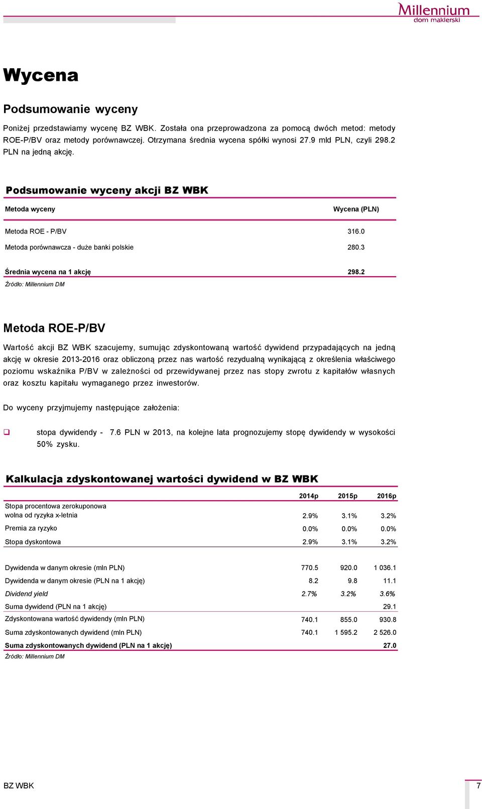 2 Metoda ROE-P/BV Wartość akcji szacujemy, sumując zdyskontowaną wartość dywidend przypadających na jedną akcję w okresie 2013-2016 oraz obliczoną przez nas wartość rezydualną wynikającą z określenia