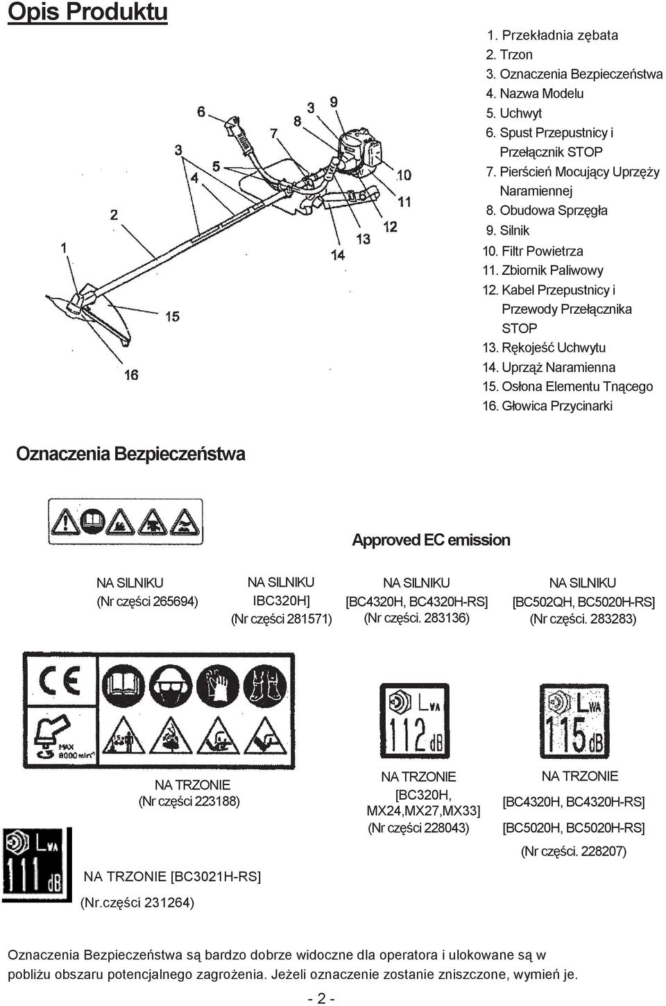 Głowica Przycinarki Oznaczenia Bezpiecze stwa Approved EC emission NA SILNIKU (Nr cz ci 265694) NA SILNIKU IBC320H] (Nr cz ci 281571) NA SILNIKU [BC4320H, BC4320H-RS] (Nr cz ci.