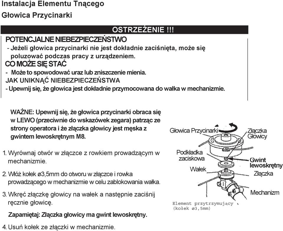 WA NE: Upewnij si, e głowica przycinarki obraca si w LEWO (przeciwnie do wskazówek zegara) patrz c ze strony operatora i e zł czka głowicy jest m ska z gwintem lewoskr tnym M8. 1.