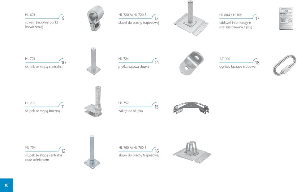 090 płytka kątowa słupka 14 18 ogniwo łączące śrubowe HL 702 słupek ze stopą boczną 11 HL 752 zakręt do