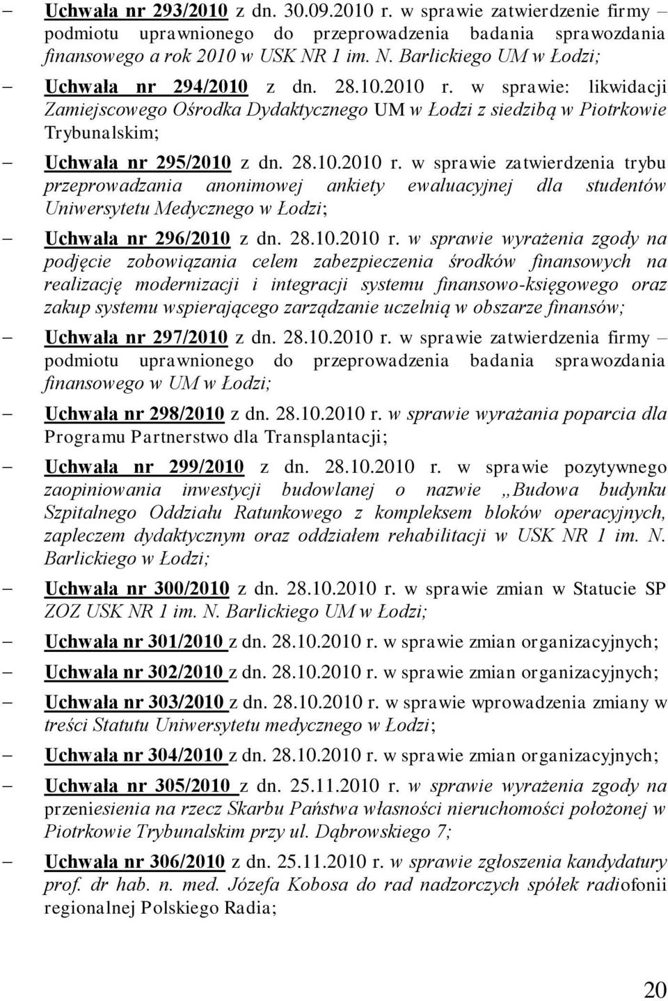 w sprawie: likwidacji Zamiejscowego Ośrodka Dydaktycznego UM w Łodzi z siedzibą w Piotrkowie Trybunalskim; Uchwała nr 295/2010 z dn. 28.10.2010 r.
