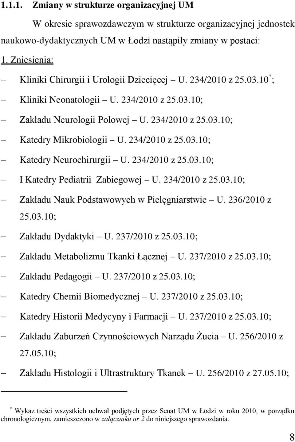234/2010 z 25.03.10; Katedry Neurochirurgii U. 234/2010 z 25.03.10; I Katedry Pediatrii Zabiegowej U. 234/2010 z 25.03.10; Zakładu Nauk Podstawowych w Pielęgniarstwie U. 236/2010 z 25.03.10; Zakładu Dydaktyki U.