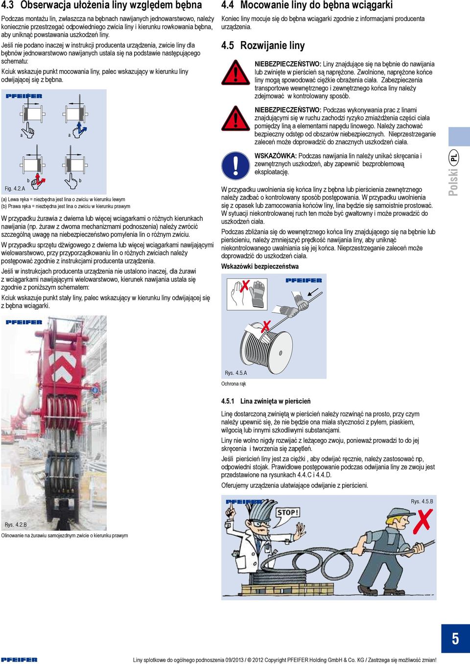 Jeśli nie podano inaczej w instrukcji producenta urządzenia, zwicie liny dla bębnów jednowarstwowo nawijanych ustala się na podstawie następującego schematu: Kciuk wskazuje punkt mocowania liny,