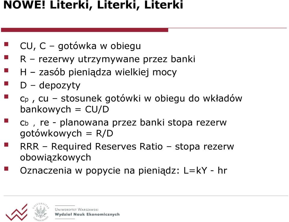 bankowych = CU/D cb, re - planowana przez banki stopa rezerw gotówkowych = R/D RRR