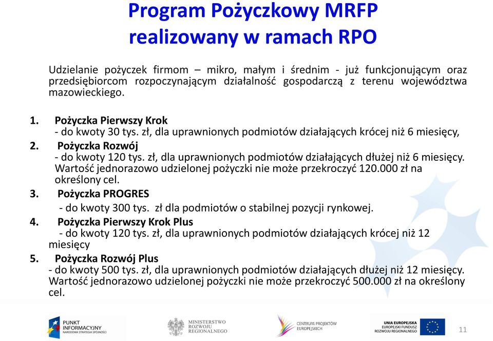 zł, dla uprawnionych podmiotów działających dłużej niż 6 miesięcy. Wartośd jednorazowo udzielonej pożyczki nie może przekroczyd 120.000 zł na określony cel. 3. Pożyczka PROGRES - do kwoty 300 tys.
