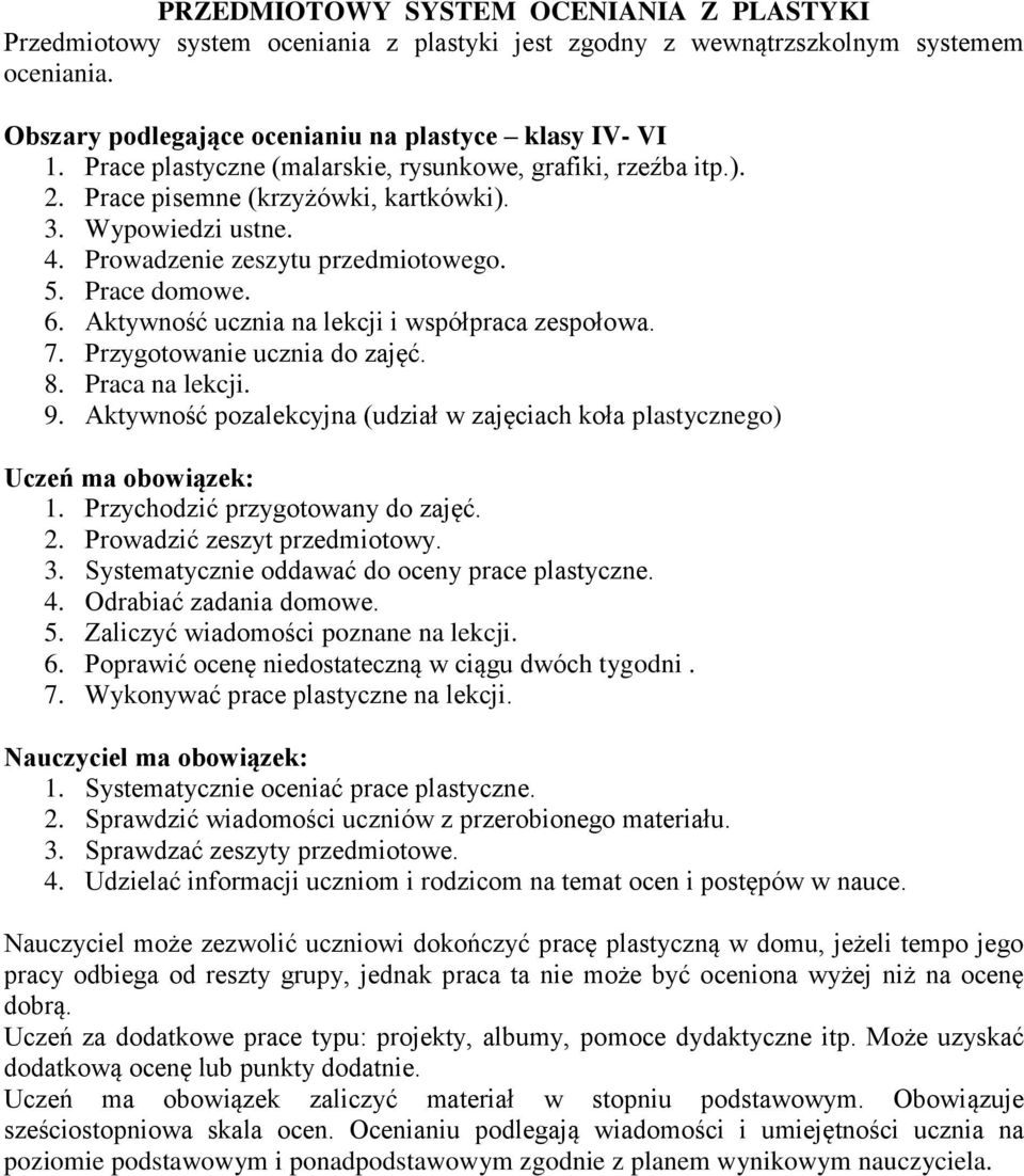 Aktywność ucznia na lekcji i współpraca zespołowa. 7. Przygotowanie ucznia do zajęć. 8. Praca na lekcji. 9. Aktywność pozalekcyjna (udział w zajęciach koła plastycznego) Uczeń ma obowiązek: 1.