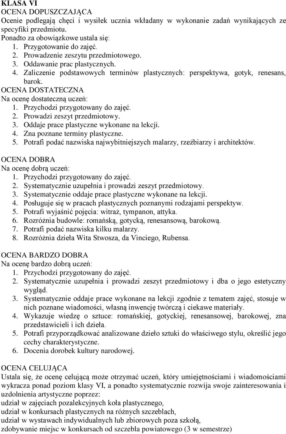 Posługuje się w pracach plastycznych poznanymi rodzajami perspektyw. 5. Potrafi wyjaśnić pojęcia: witraż, tympanon, attyka. 6. Rozróżnia budowle: romańską, gotycką, renesansową, barokową. 7.