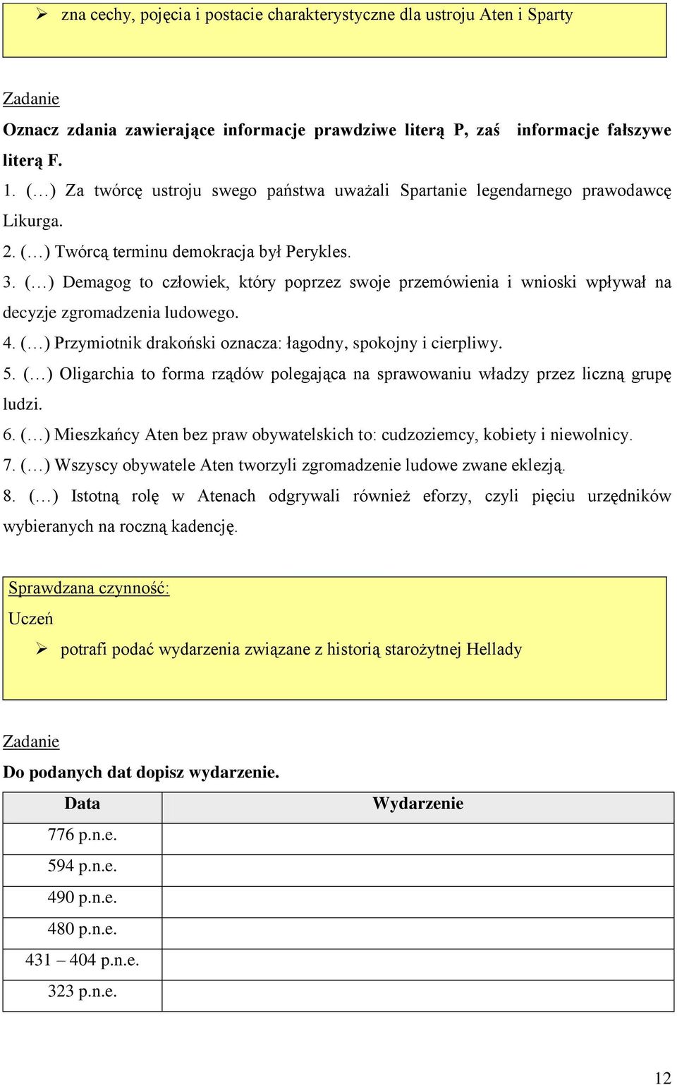 ( ) Demagog to człowiek, który poprzez swoje przemówienia i wnioski wpływał na decyzje zgromadzenia ludowego. 4. ( ) Przymiotnik drakoński oznacza: łagodny, spokojny i cierpliwy. 5.