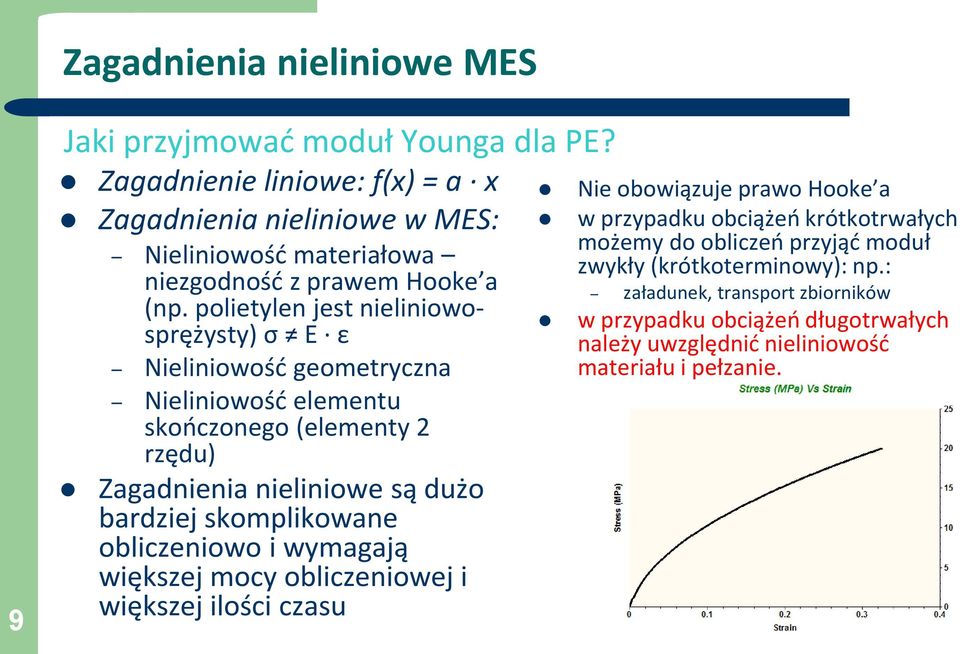 polietylen jest nieliniowosprężysty) σ E ε Nieliniowość geometryczna Nieliniowość elementu skończonego (elementy 2 rzędu) Zagadnienia nieliniowe są dużo bardziej