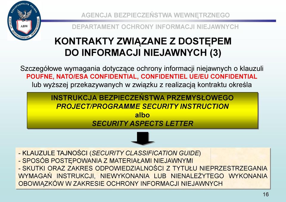 SECURITY INSTRUCTION albo SECURITY ASPECTS LETTER - KLAUZULE TAJNOŚCI (SECURITY CLASSIFICATION GUIDE) - SPOSÓB POSTĘPOWANIA Z MATERIAŁAMI NIEJAWNYMI - SKUTKI ORAZ