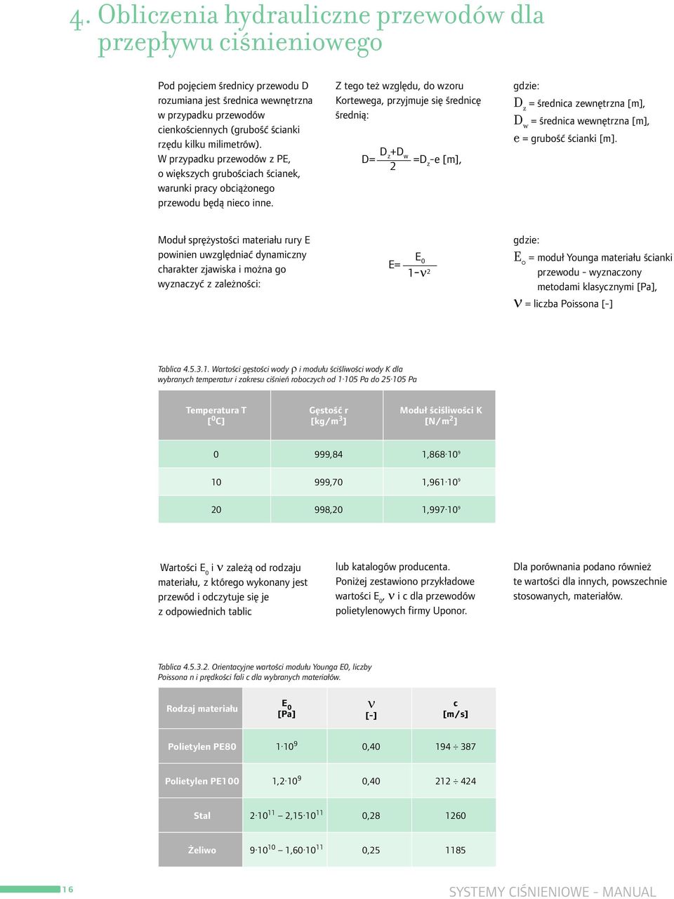 Z tego też względu, do wzoru Kortewega, przyjmuje się średnicę średnią: D= D z +D w =D z -e [m], gdzie: D z = średnica zewnętrzna [m], D w = średnica wewnętrzna [m], e = grubość ścianki [m].