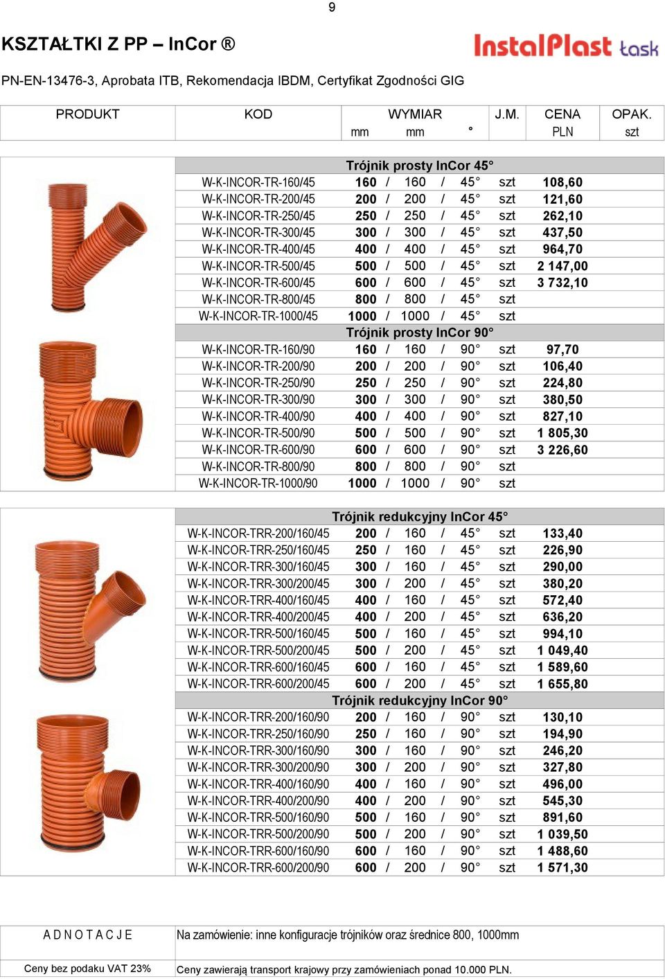 szt 2 147,00 W-K-INCOR-TR-600/45 600 / 600 / 45 szt 3 732,10 W-K-INCOR-TR-800/45 800 / 800 / 45 szt W-K-INCOR-TR-1000/45 1000 / 1000 / 45 szt Trójnik prosty InCor 90 W-K-INCOR-TR-160/90 160 / 160 /