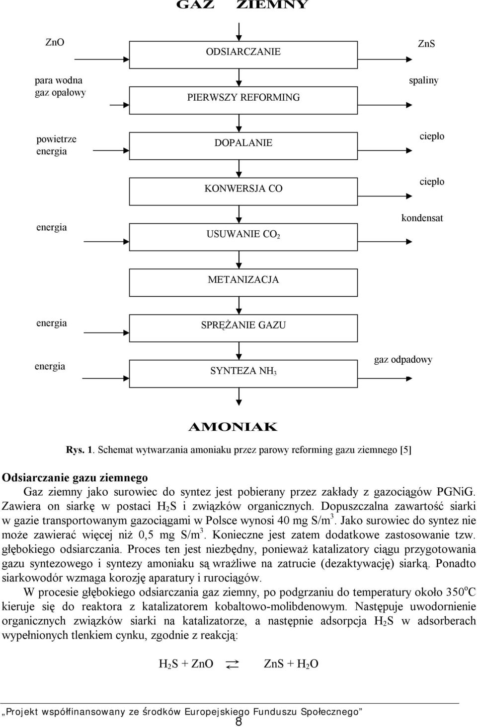Schemat wytwarzania amoniaku przez parowy reforming gazu ziemnego [5] Odsiarczanie gazu ziemnego Gaz ziemny jako surowiec do syntez jest pobierany przez zakłady z gazociągów PGNiG.
