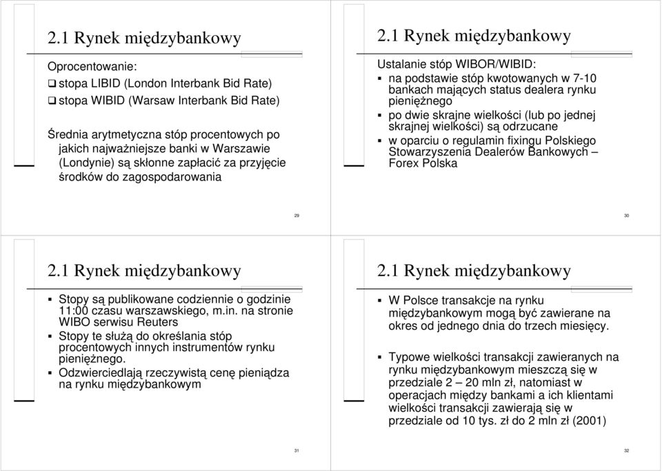 1 Rynek międzybankowy Ustalanie stóp WIBOR/WIBID: na podstawie stóp kwotowanych w 7-10 bankach mających status dealera rynku pieniężnego po dwie skrajne wielkości (lub po jednej skrajnej wielkości)