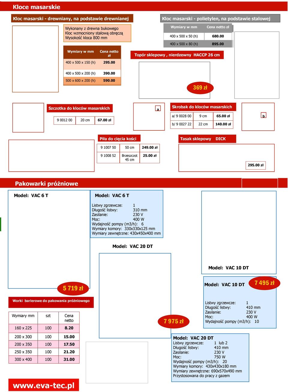 00 Kloc masarski - polietylen, na podstawie stalowej Kod Wymiary Wymiary w mm w mm Cena Cena zł 999400 971 x 500 400 x x 50500 (h) x 50 (h) 680.00 635.