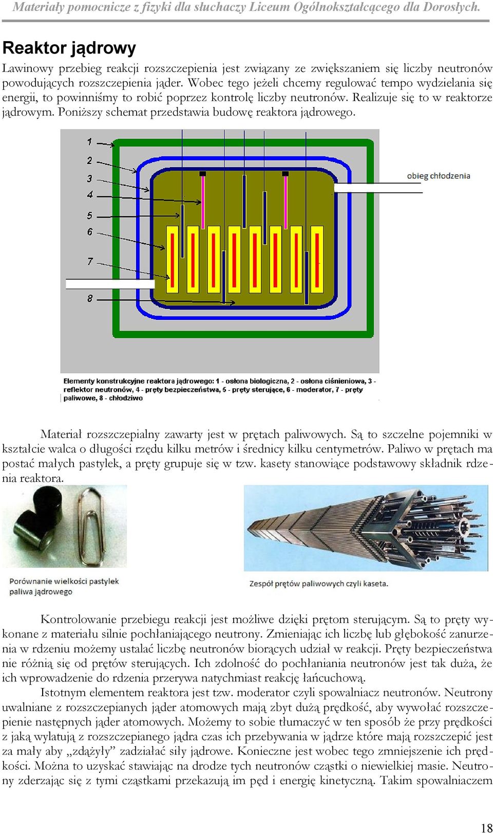 Poniższy schemat przedstawia budowę reaktora jądrowego. Materiał rozszczepialny zawarty jest w prętach paliwowych.