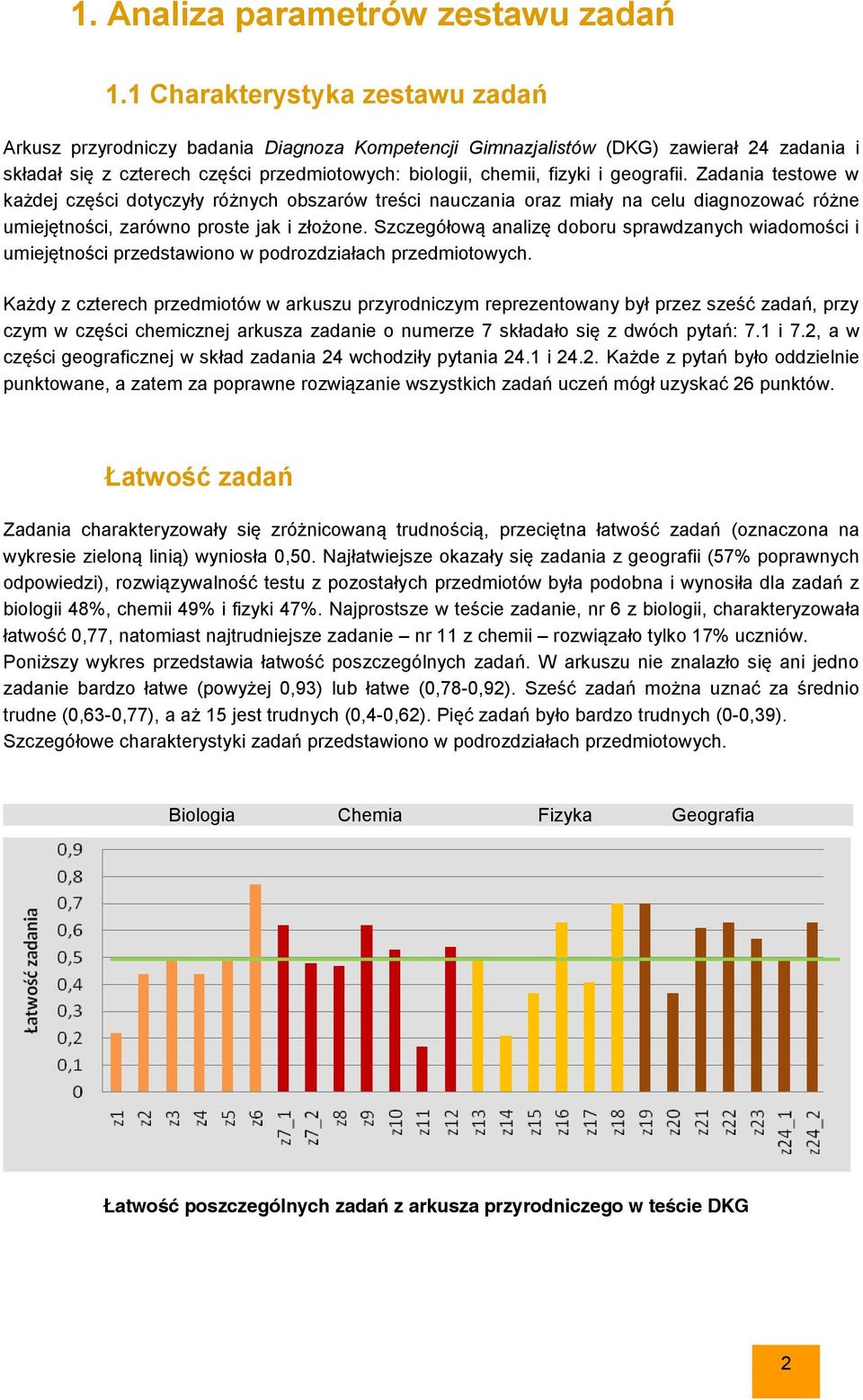 geografii. Zadania testowe w każdej części dotyczyły różnych obszarów treści nauczania oraz miały na celu diagnozować różne umiejętności, zarówno proste jak i złożone.