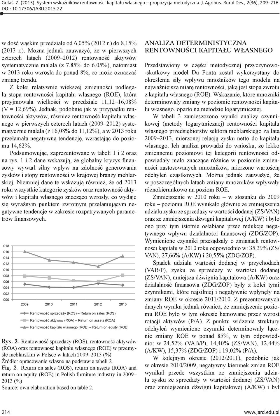 Można jednak zauważyć, że w pierwszych czterech latach (2009 2012) rentowność aktywów systematycznie malała (z 7,85% do 6,05%), natomiast w 2013 roku wzrosła do ponad 8%, co może oznaczać zmianę