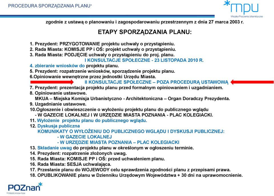 I KONSULTACJE SPOŁECZNE - 23 LISTOPADA 2010 R. 4. zbieranie wniosków do projektu planu. 5. Prezydent: rozpatrzenie wniosków, sporządzenie projektu planu. 6.