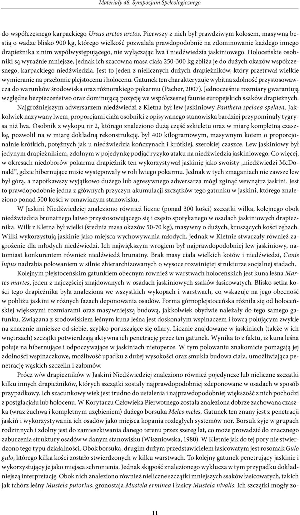 wyłączając lwa i niedźwiedzia jaskiniowego. Holoceńskie osobniki są wyraźnie mniejsze, jednak ich szacowna masa ciała 250-300 kg zbliża je do dużych okazów współczesnego, karpackiego niedźwiedzia.
