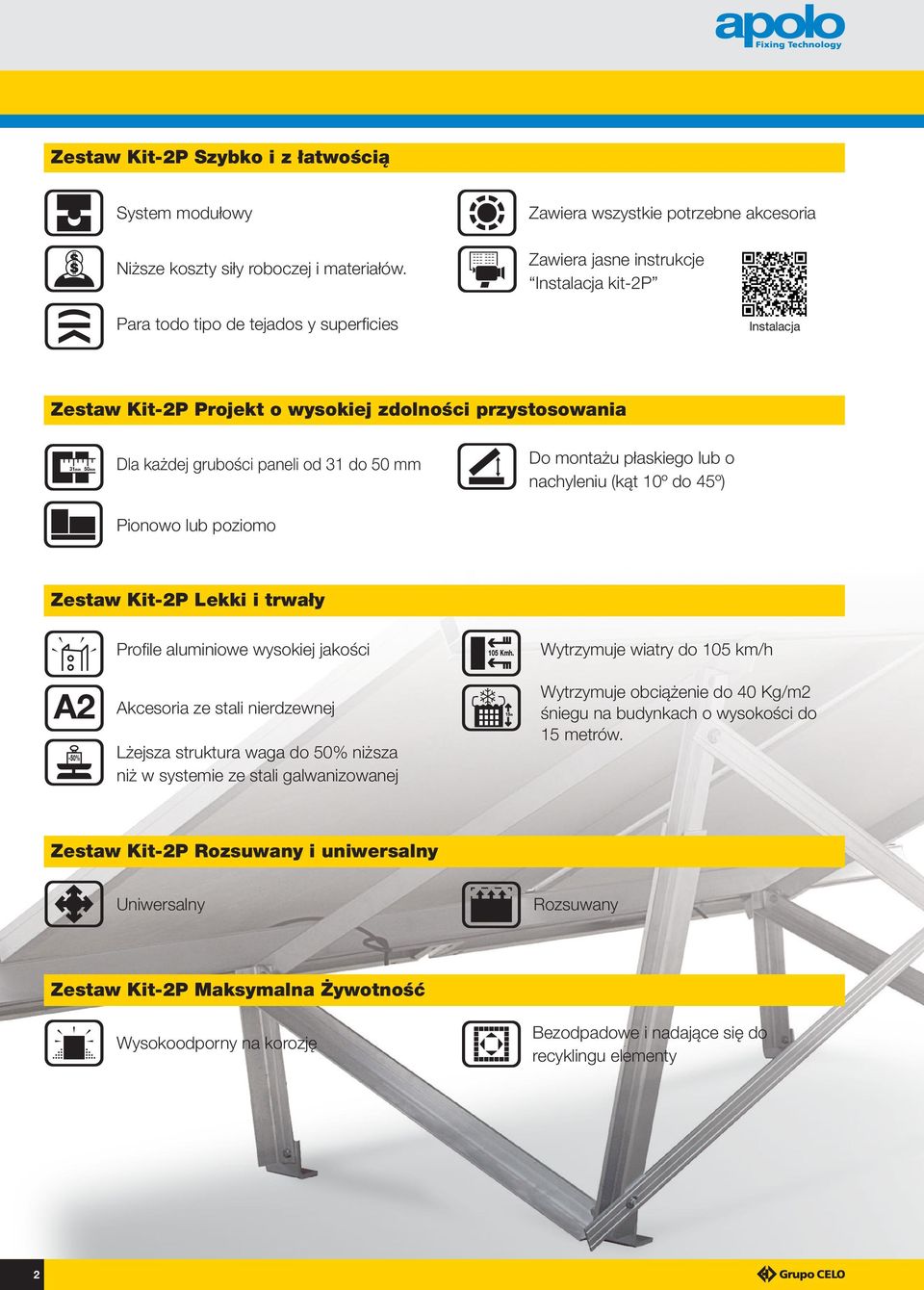 Dla każdej grubości paneli od 31 do 50 mm Pionowo lub poziomo Do montażu płaskiego lub o nachyleniu (kąt 10º do 45º) Zestaw Kit-2P Lekki i trwały Profile aluminiowe wysokiej jakości 105 Kmh.