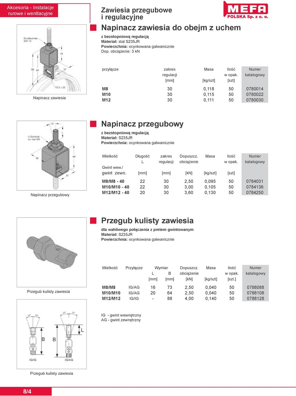bezstopniową regulacją Materiał: S235JR Powierzchnia: ocynkowana galwanicznie Wielkość Długość zakres Dopuszcz. Masa Ilość Numer L regulacji obciążenie Gwint wew./ gwint zewn.