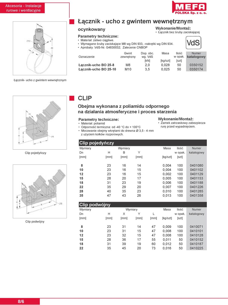 VdS [kn] [kg/szt] [szt] Łącznik-ucho BO 25-8 M8 2,0 0,028 50 0350152 Łącznik-ucho BO 25-10 M10 3,5 0,025 50 0350174 Łącznik- ucho z gwintem wewnętrznym CLIP Obejma wykonana z poliamidu odpornego na