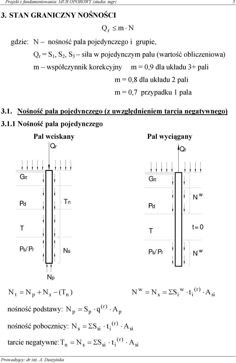 korekcyjny m 0,9 dla układu 3+ pal m 0,8 dla układu 2 pal m 0,7 przypadku pala 3.. Nośność pala pojedynczego (z uwzględnenem tarca negatywnego) 3.