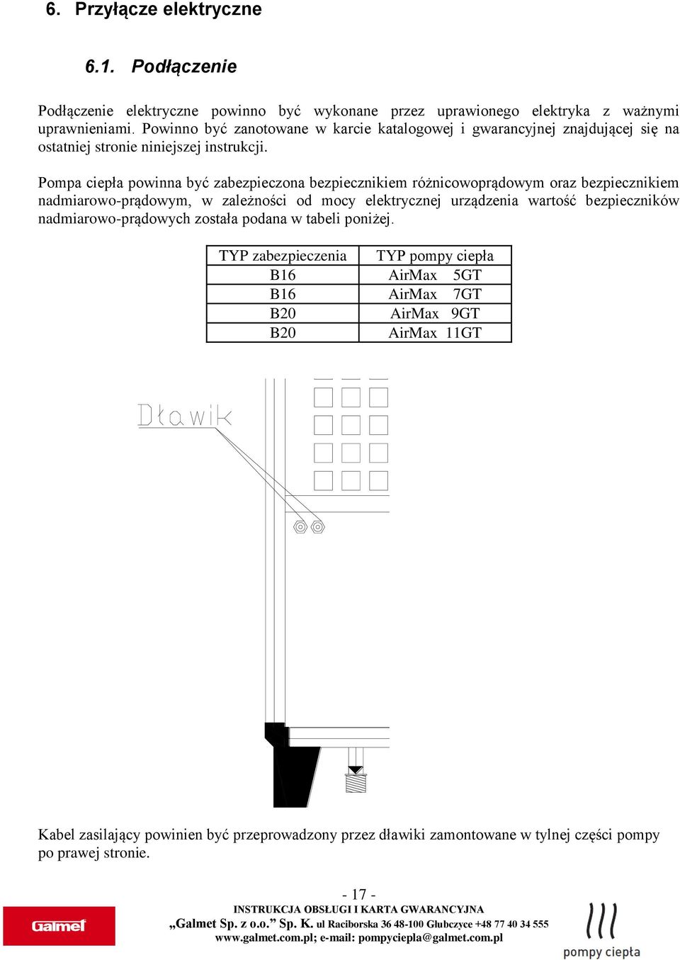 Pompa ciepła powinna być zabezpieczona bezpiecznikiem różnicowoprądowym oraz bezpiecznikiem nadmiarowo-prądowym, w zależności od mocy elektrycznej urządzenia wartość