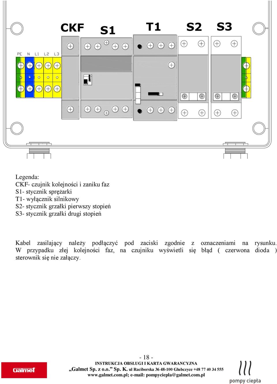 Kabel zasilający należy podłączyć pod zaciski zgodnie z oznaczeniami na rysunku.