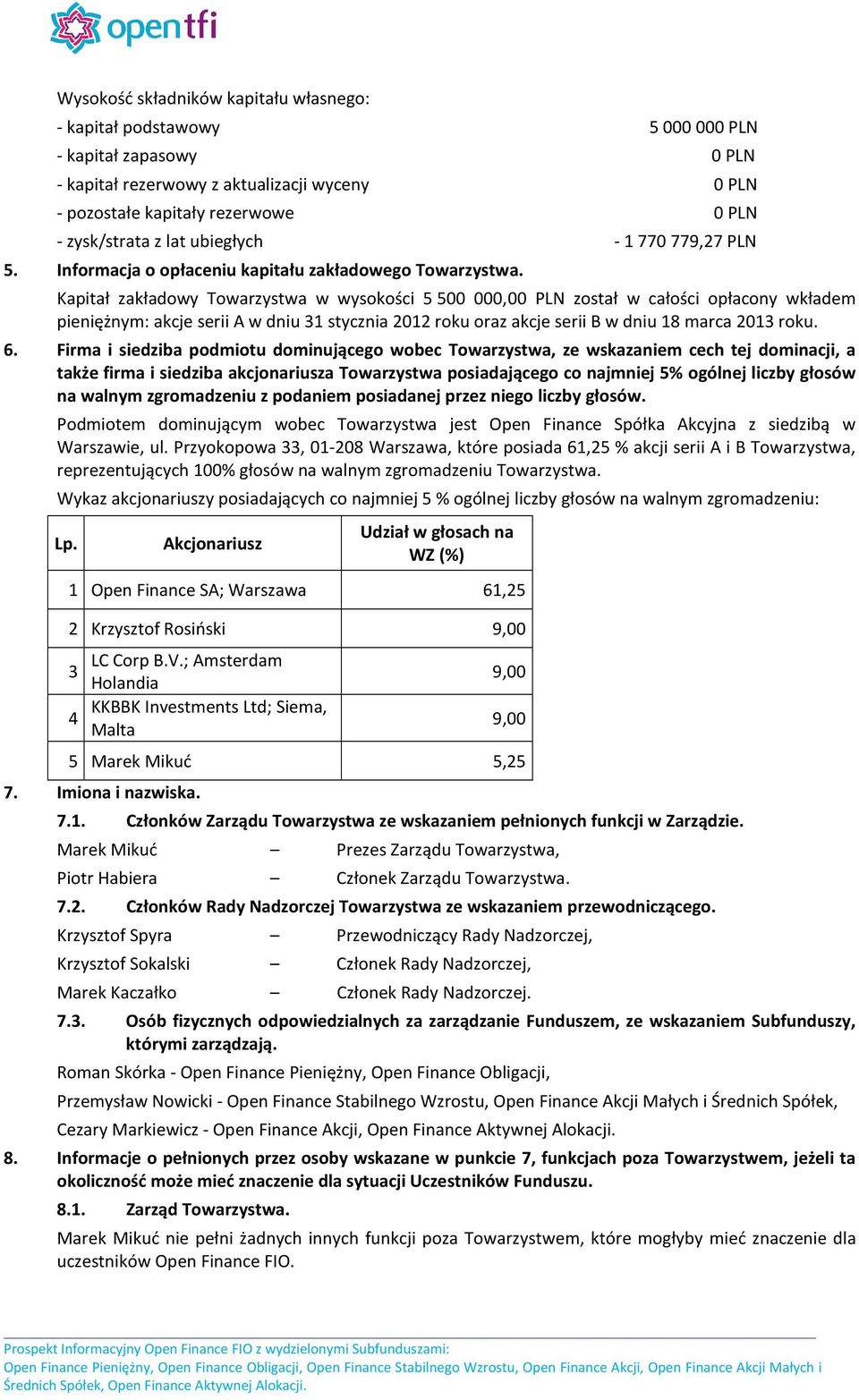 Kapitał zakładowy Towarzystwa w wysokości 5 500 000,00 PLN został w całości opłacony wkładem pieniężnym: akcje serii A w dniu 31 stycznia 2012 roku oraz akcje serii B w dniu 18 marca 2013 roku. 6.
