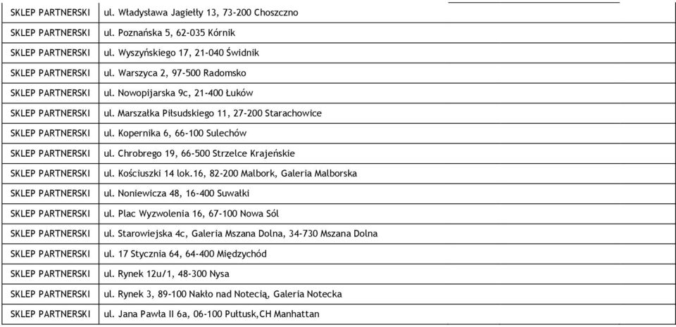 Kościuszki 14 lok.16, 82-200 Malbork, Galeria Malborska ul. Noniewicza 48, 16-400 Suwałki ul. Plac Wyzwolenia 16, 67-100 Nowa Sól ul.