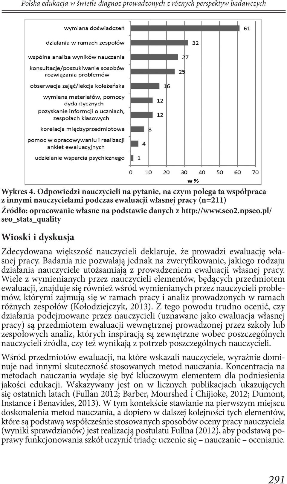 prowadzi ewaluację własnej pracy. Badania nie pozwalają jednak na zweryfikowanie, jakiego rodzaju działania nauczyciele utożsamiają z prowadzeniem ewaluacji własnej pracy.