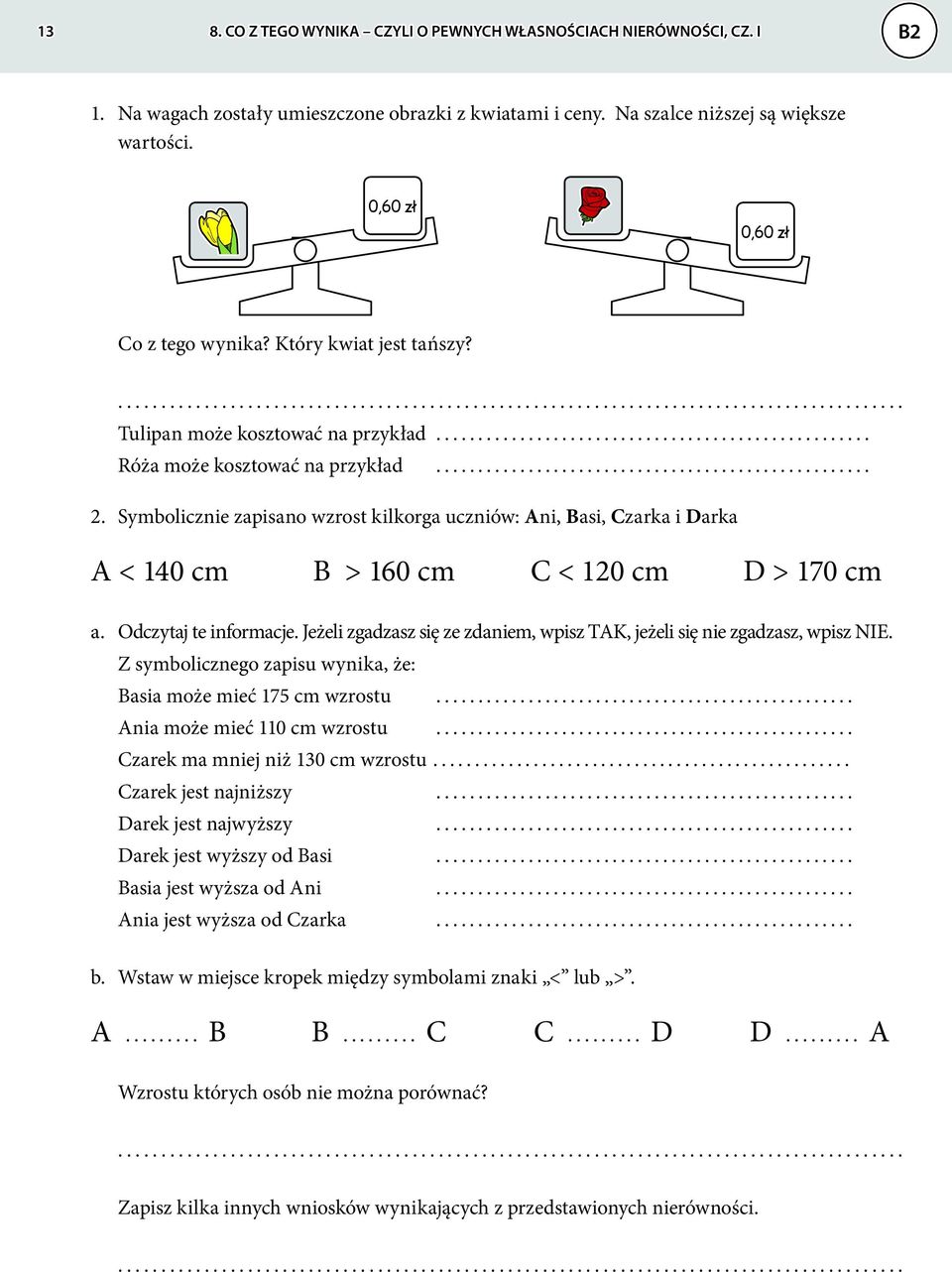 Symbolicznie zapisano wzrost kilkorga uczniów: Ani, Basi, Czarka i Darka A < 140 cm B > 160 cm C < 120 cm D > 170 cm a. Odczytaj te informacje.