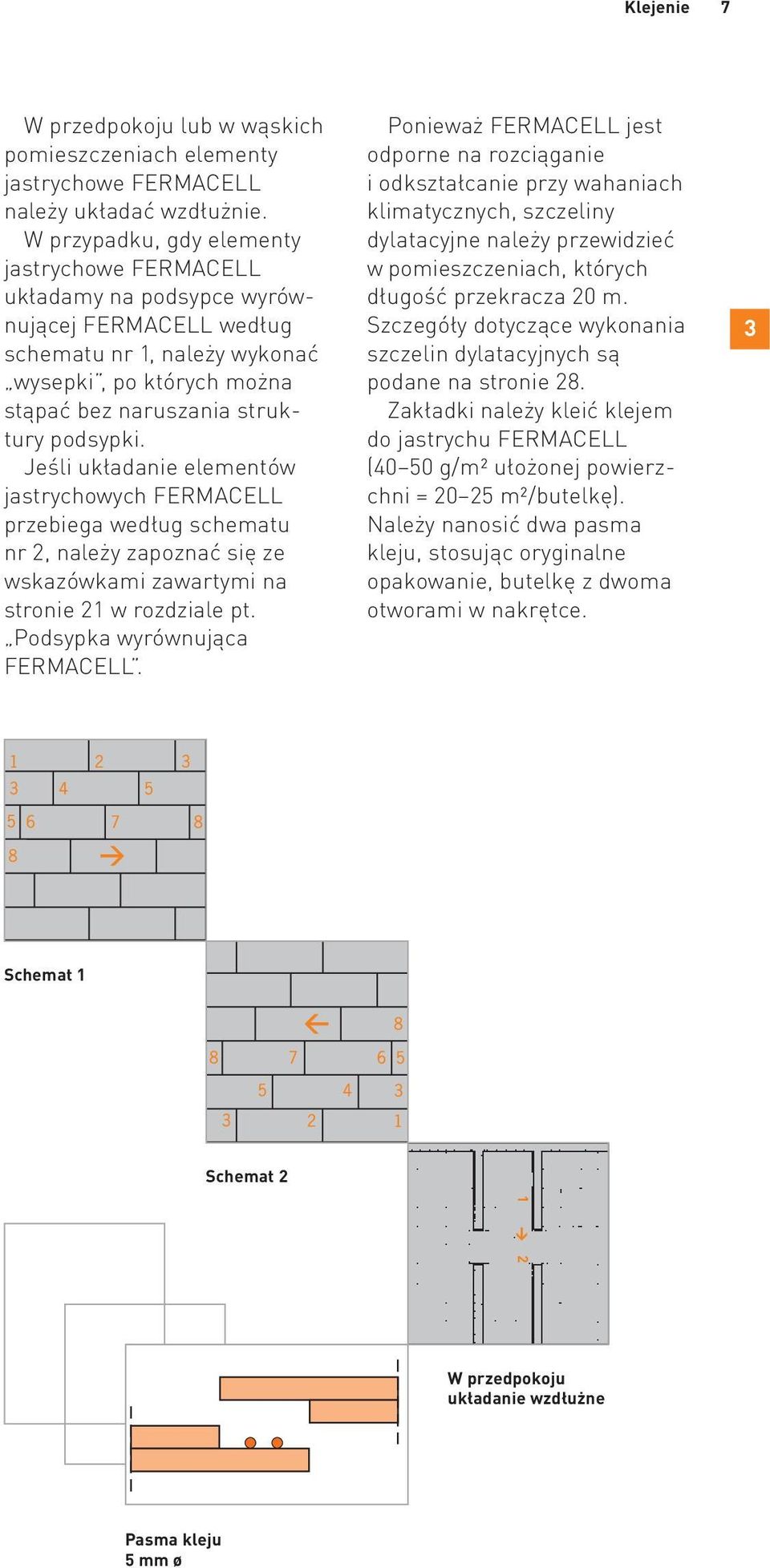 Jeśli układanie elementów jastrychowych FERMACELL przebiega według schematu nr 2, należy zapoznać się ze wskazówkami zawartymi na stronie 21 w rozdziale pt. Podsypka wyrównująca FERMACELL.