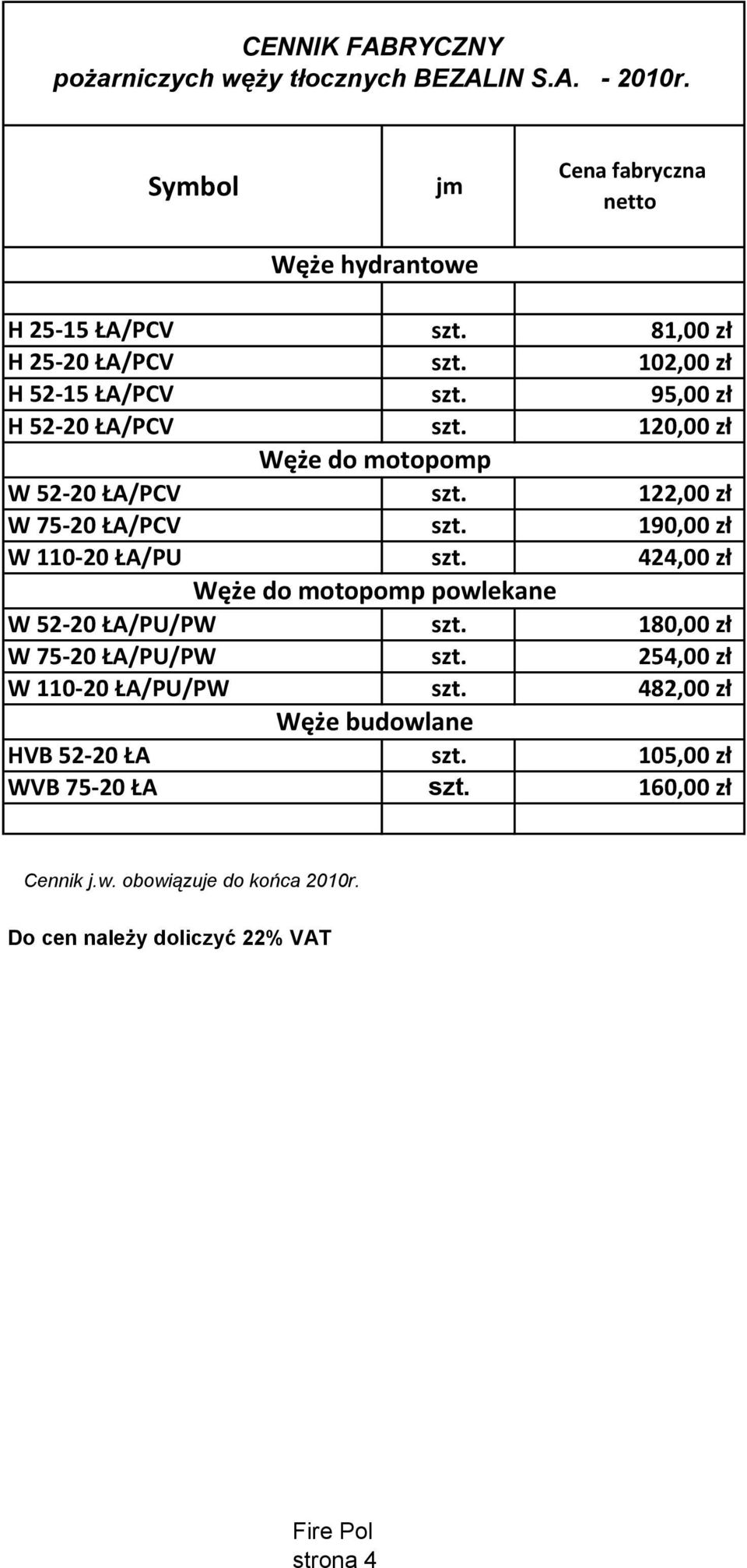 122,00 zł W 75-20 ŁA/PCV szt. 190,00 zł W 110-20 ŁA/PU szt. 424,00 zł Węże do motopomp powlekane W 52-20 ŁA/PU/PW szt. 180,00 zł W 75-20 ŁA/PU/PW szt.